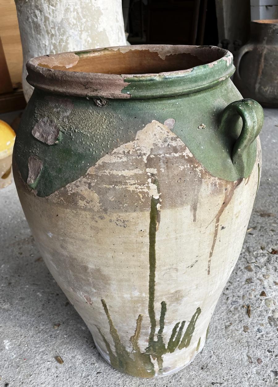 Grande poterie ancienne emaillée jaune et vert